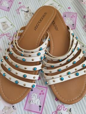 Sociology White Strappy Sandals with Turquoise Studs